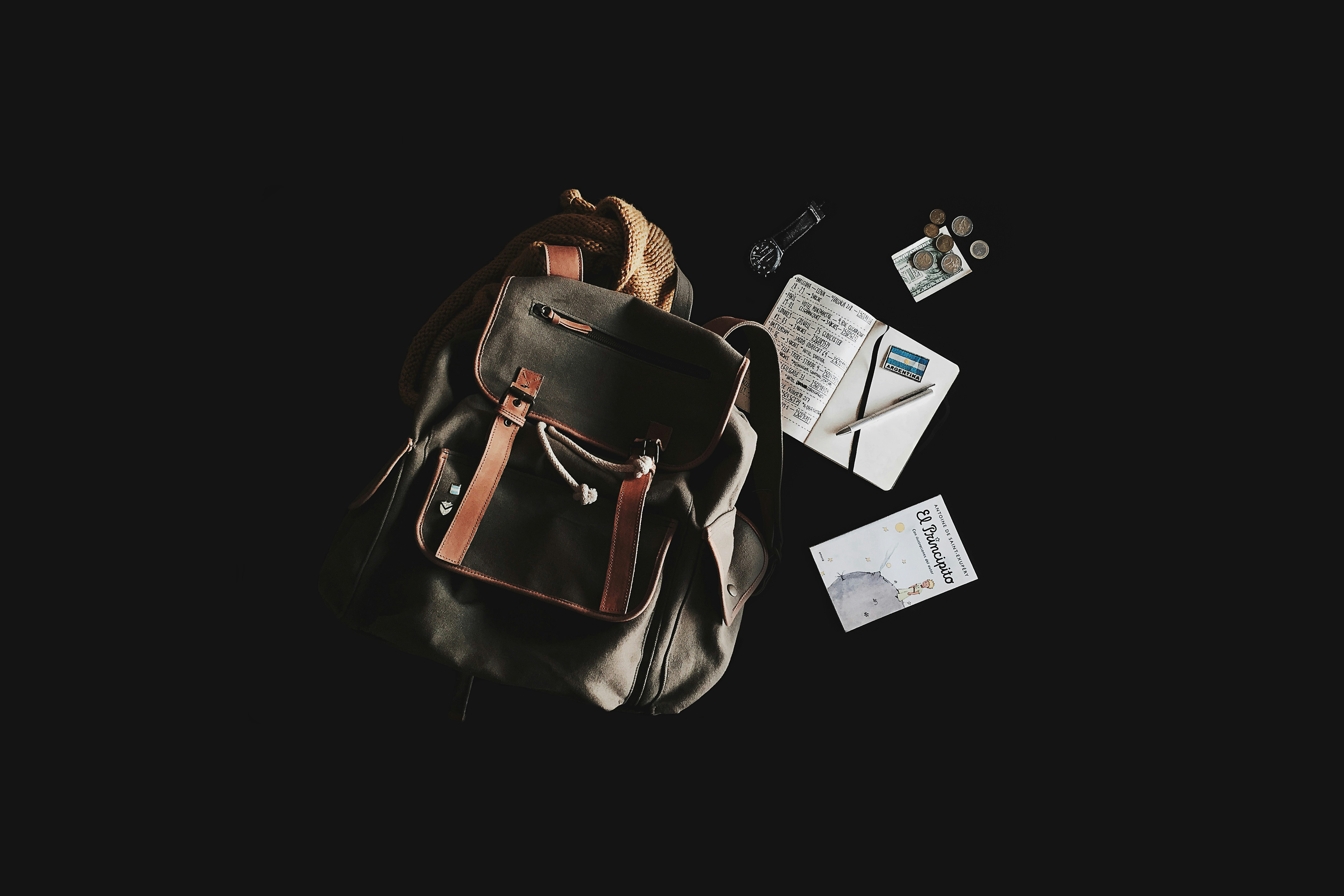 image of a black book bag and other stationery items