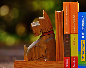 image of a wooden dog corner bookend